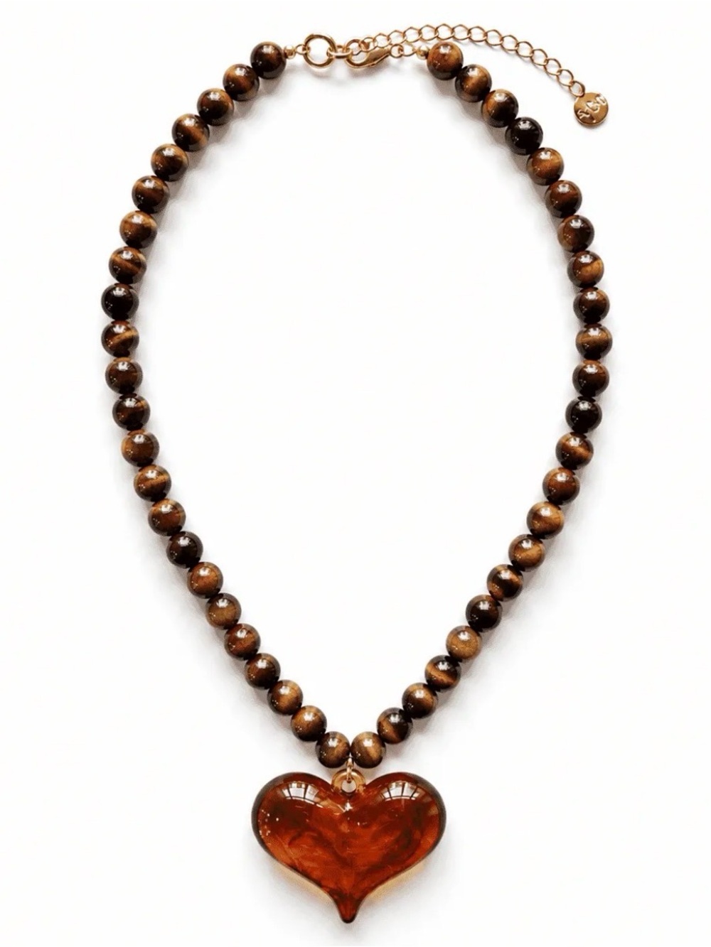 Brown Beaded Necklace with Amber Heart Pendant by